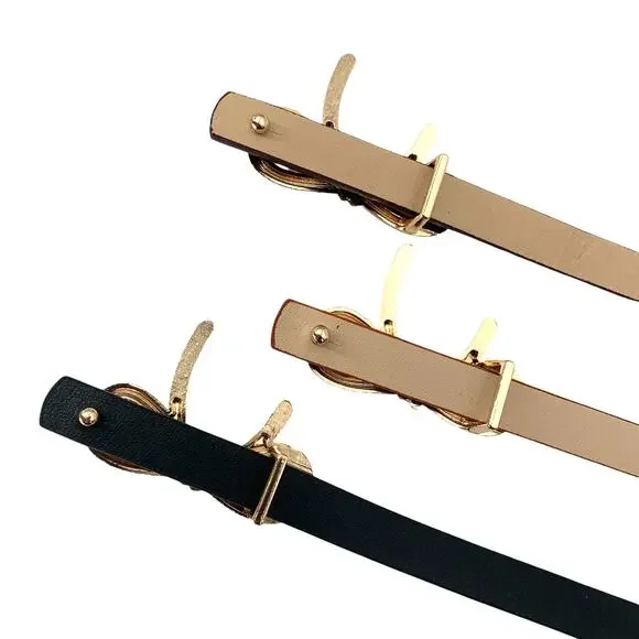 2/$30 Bow Belt NEW Black 27"-35" Gold Bow Adjustable Vegan Leather 40" Total - Picture 6 of 8